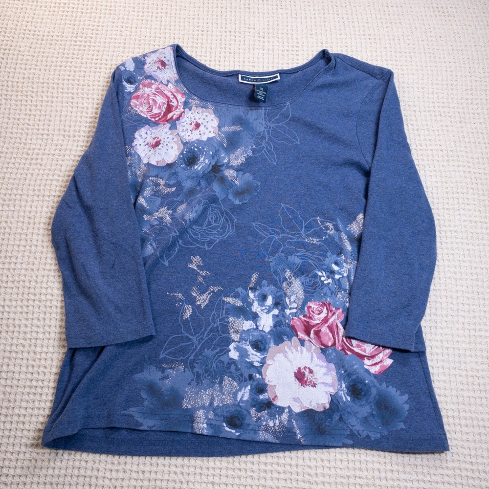 Karen Scott Womens XL Blue Floral Rhinestone 3/4 Sleeve Scoop Neck Top